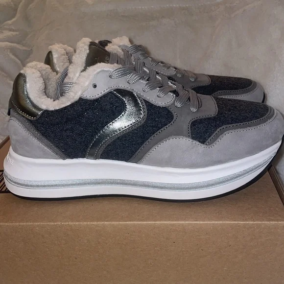 NWT VOILE BLANCHE MELANY FUR. Leather And Fabric Sneakers in Grey-Charcoal Grey - Picture 10 of 15